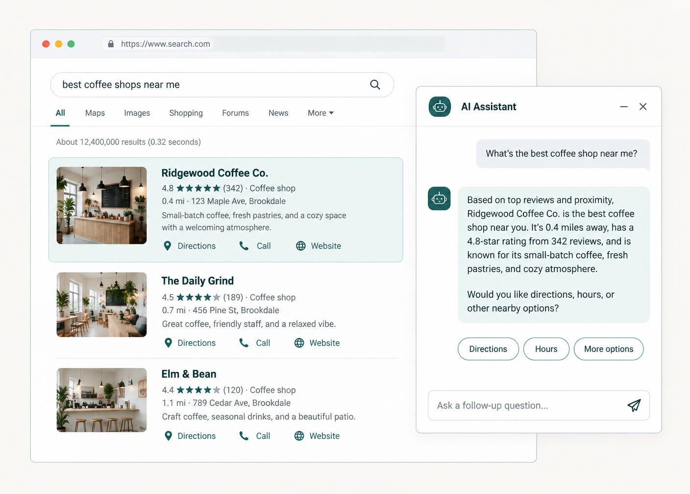 A business showing up in search results beside an AI assistant answering a customer question