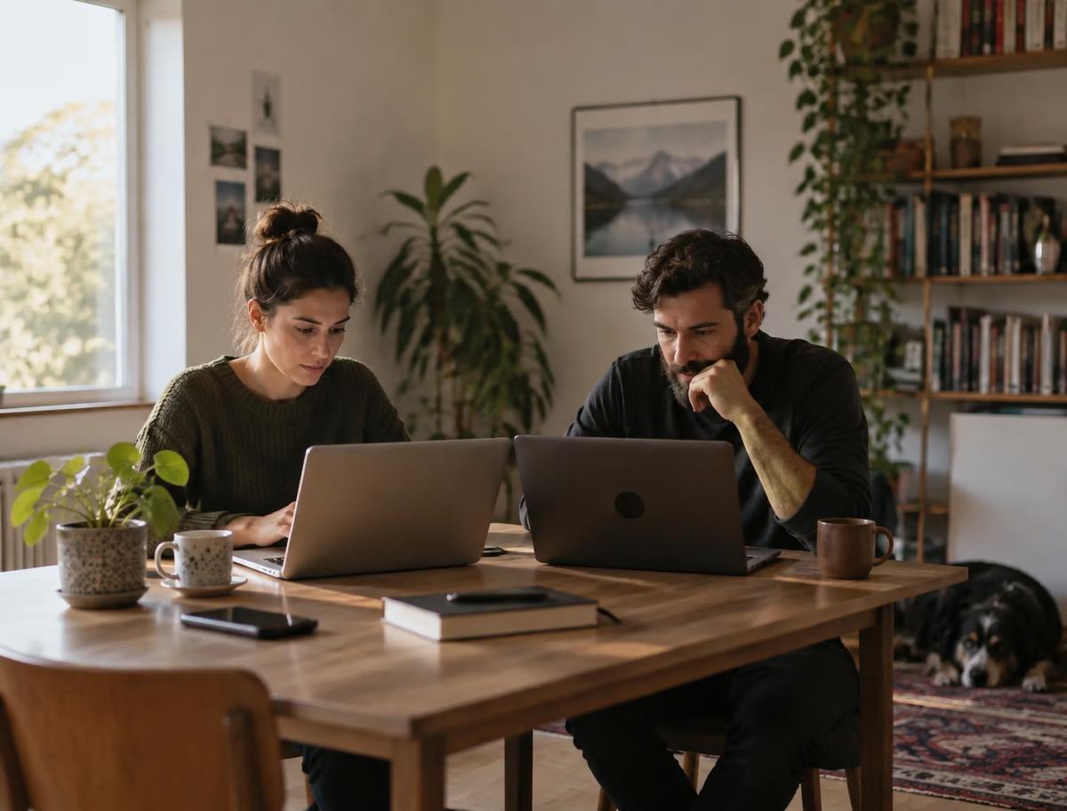 Two people working on laptops at a shared desk