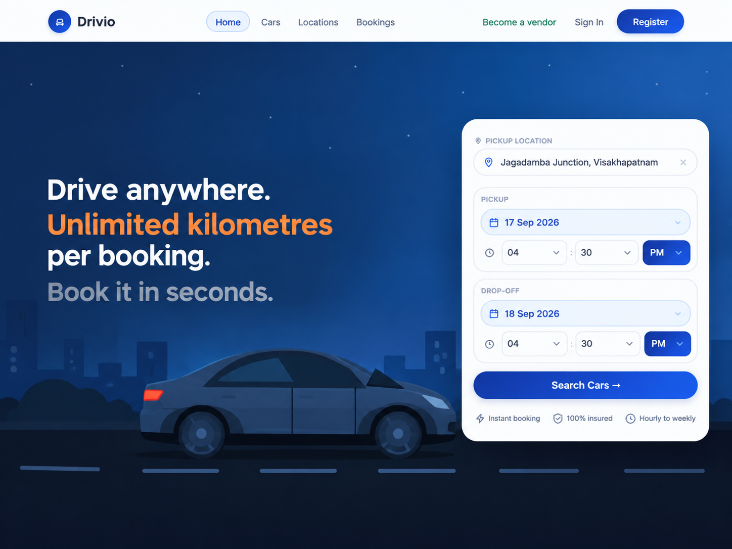 Drivio car rental platform interface